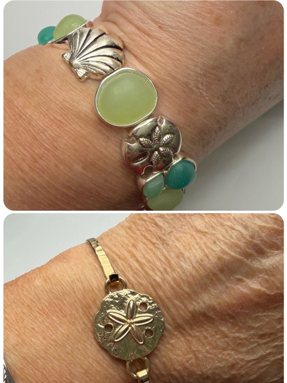 Sea Shell & Glass Blue/Green Stretch Bracelet and Gold Tone Bangle Bundle!!